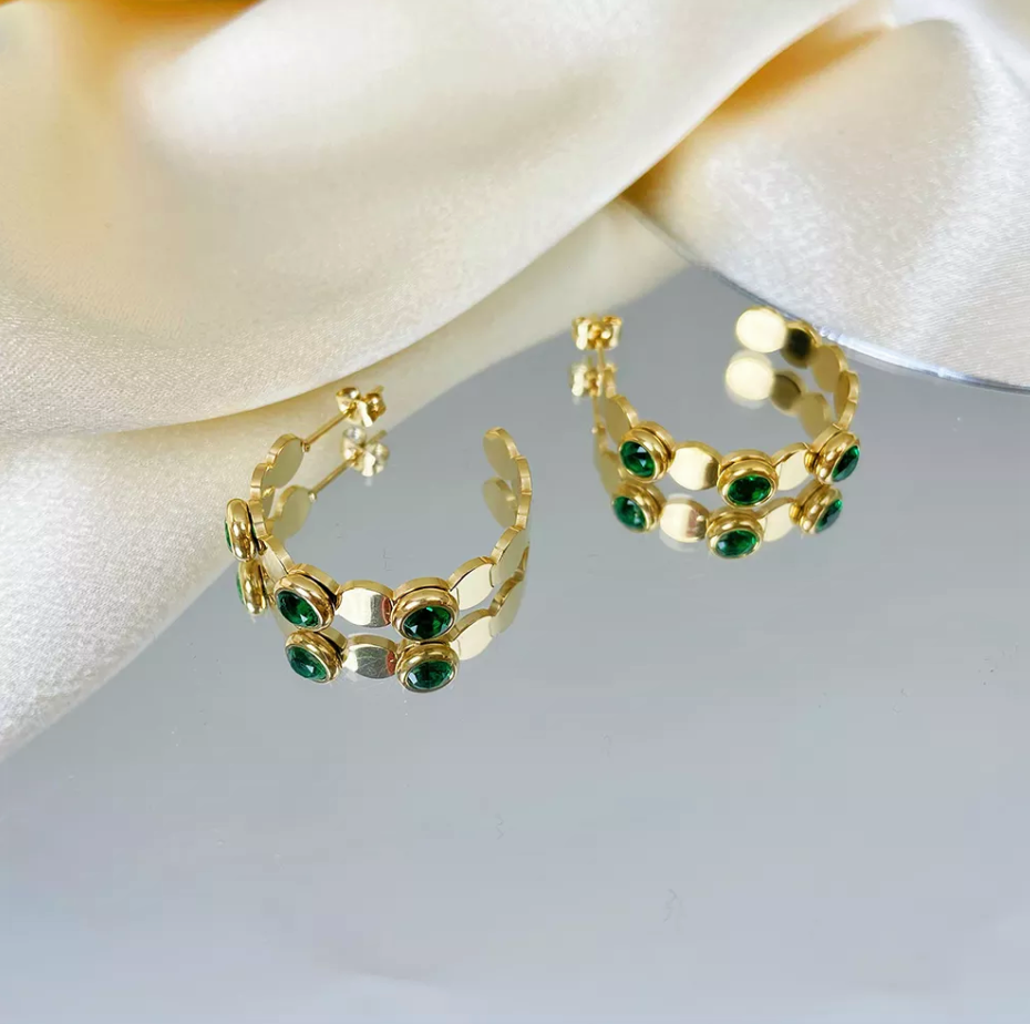 Green Gemstone Hoop Earrings